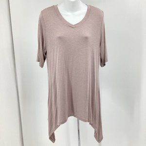 Logo Lori Goldstein Layers Womens Size M Beige Taupe Sharkbite Hem V-Neck Top